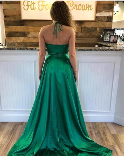 Long A-line Spaghetti Straps V-neck Satin Front Slit Formal Prom Dresses with Pockets - YESBABYONLINE