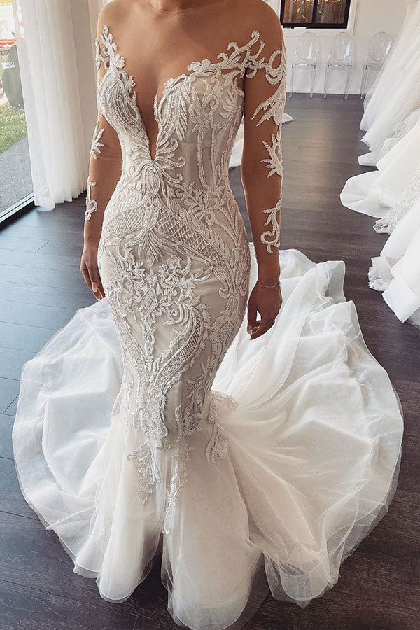 Elegant Long Sleeves Tulle Applique Lace Mermaid Wedding Dresses - YESBABYONLINE