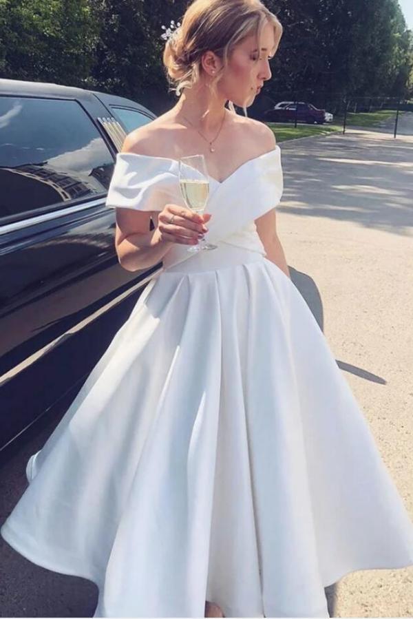 Elegant Short Off the Shoulder A-Line Tea-length Ruffles Satin Wedding Dress - YESBABYONLINE