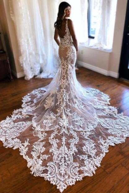 Elegant Long V Neck Sleeveless Lace Mermaid Backless Wedding Dresses - YESBABYONLINE
