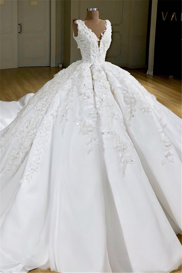 Long Ball Gown Sleeveless V-neck Satin Lace Wedding Dresses - YESBABYONLINE