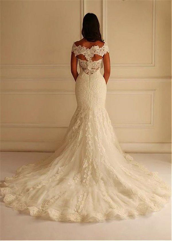 Glamorous Long Off The Shoulder Mermaid Applique Lace Tulle Wedding Dresses - YESBABYONLINE
