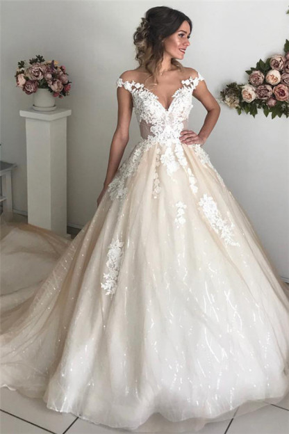 Long Ball Gown Off-the-Shoulder Tulle Lace Backless Wedding Dresses - YESBABYONLINE