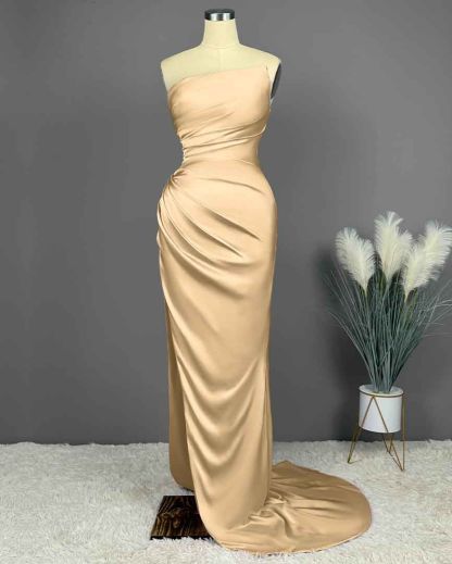Elegant Long Strapless Sleeveless Mermaid Satin Prom Dresses with Slit - YESBABYONLINE
