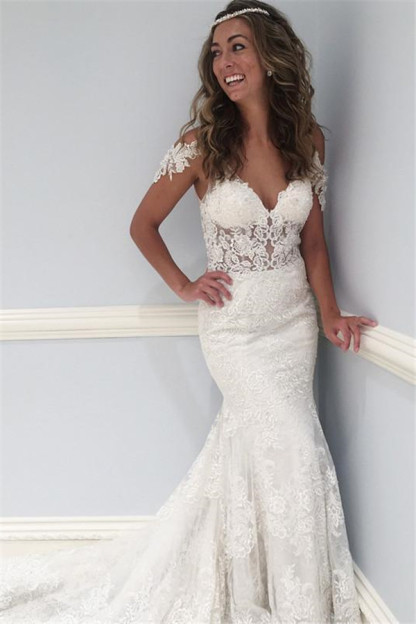 Stunning Long Mermaid Sweetheart Lace Open Back Wedding Dresses - YESBABYONLINE