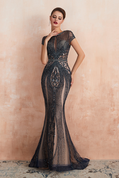 Elegant Long Mermaid Tulle Formal Prom Dresses with Cap Sleeves - YESBABYONLINE
