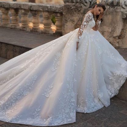 Chic Long A Line Tulle Appliques Lace Bakless Wedding Dresses - YESBABYONLINE