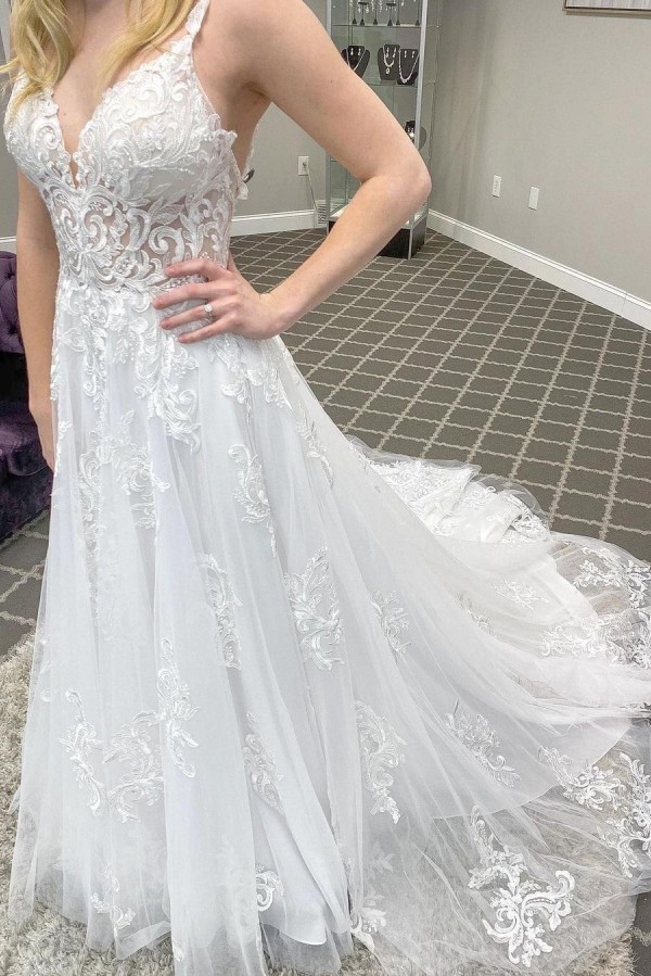 Long A-line V-Neck Straps Tulle Lace Open Back Wedding Dress - YESBABYONLINE