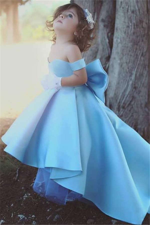 Simple High Low A-line Off the Sholder Satin Flower Girls Dresses with Bow - YESBABYONLINE