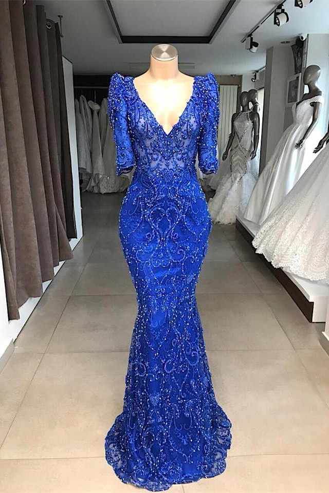 Royal Blue Long Mermaid V-neck Appliques Lace Prom Dresses with Half Sleeves - YESBABYONLINE