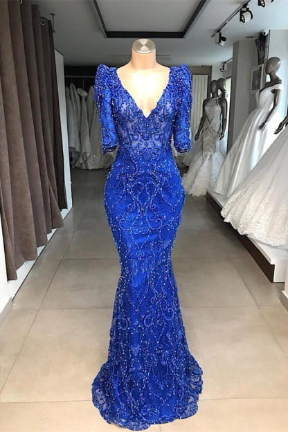 Royal Blue Long Mermaid V-neck Appliques Lace Prom Dresses with Half Sleeves - YESBABYONLINE
