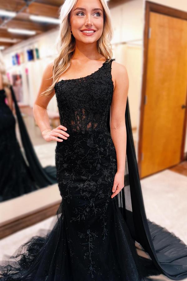 Elegant Long One Shoulder Sleeveless Black Mermaid Tulle Lace Prom Dresses - YESBABYONLINE