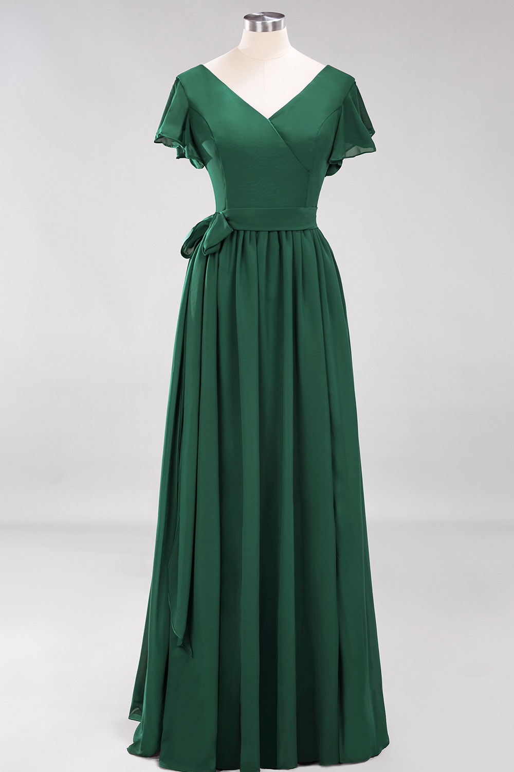 Elegant A-line V-Neck Short Sleeves Floor-Length Bridesmaid Dresses with Bow Sash - YESBABYONLINE