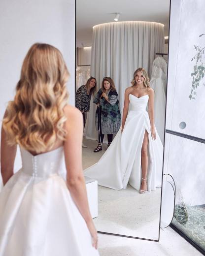 Stunning Long A-Line Sweetheart Satin Floor-length Wedding Dress With Side Slit - YESBABYONLINE