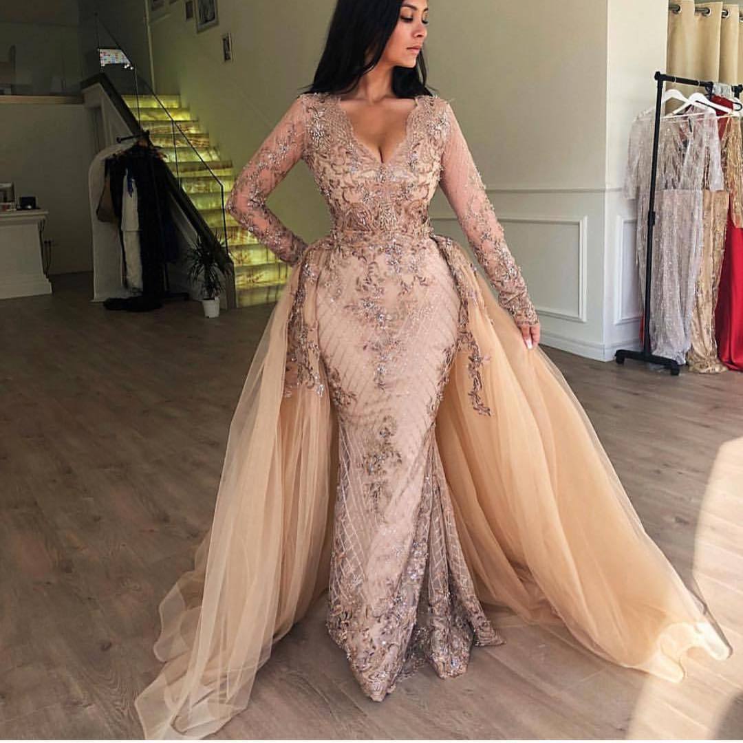 Elegant Long Sleeves Mermaid V-Neck Tulle Lace Prom Dress with Detachable Train - YESBABYONLINE