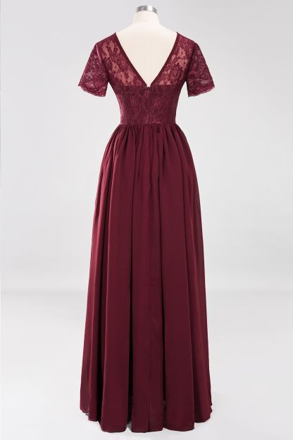 Long A line Lace Floor-length Chiffon Bridesmaid Dress with Sleeves - YESBABYONLINE