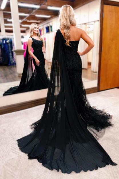 Elegant Long One Shoulder Sleeveless Black Mermaid Tulle Lace Prom Dresses - YESBABYONLINE