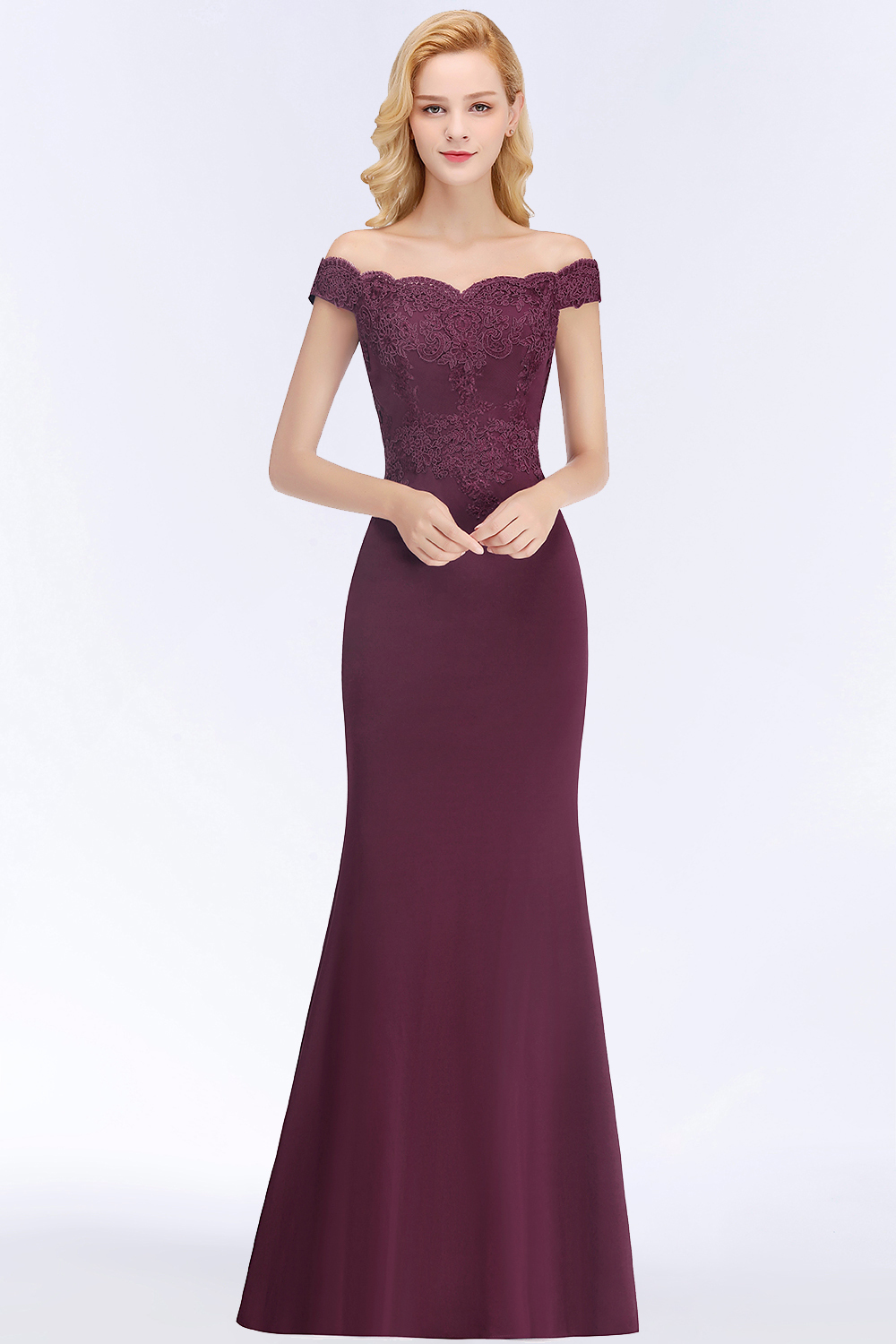 Elegant Long Mermaid Off The Shoulder Satin Appliques Lace Floor Length Bridesmaid Dresses - YESBABYONLINE