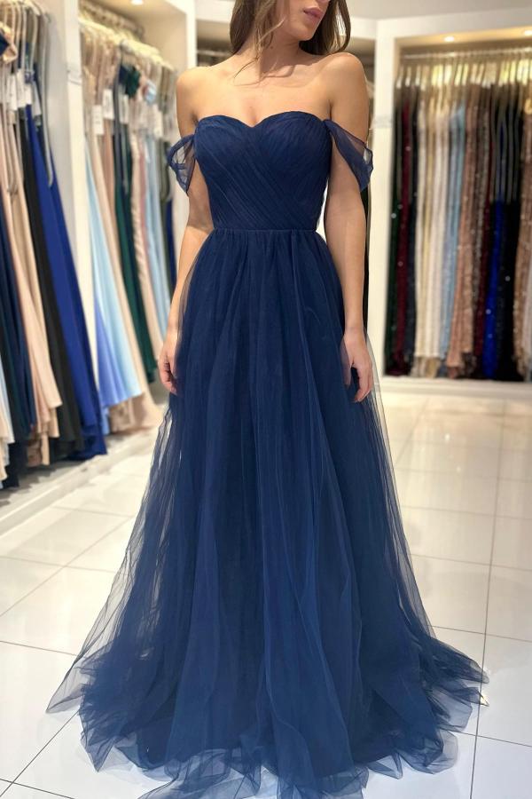 Dark Navy Long A-line Strapless Off the Shoulder Tulle Prom Dress - YESBABYONLINE