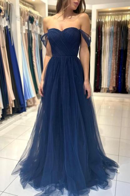 Dark Navy Long A-line Strapless Off the Shoulder Tulle Prom Dress - YESBABYONLINE