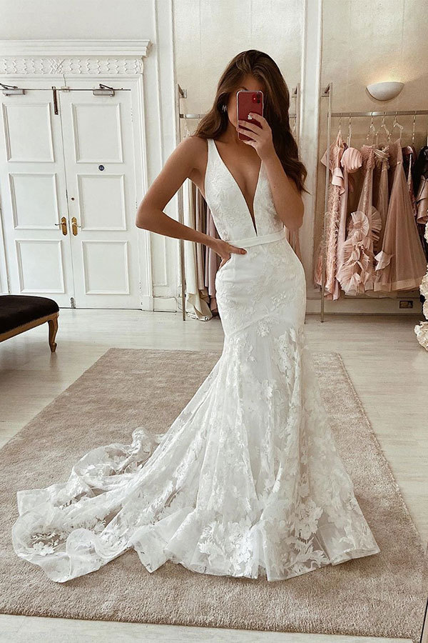 Long Mermaid Straps V Neck Satin Floor length Applique Lace Wedding Dresses - YESBABYONLINE
