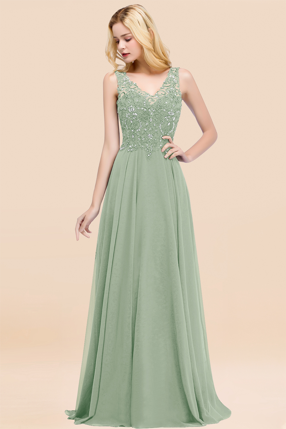 Long A-line Straps V Neck Applique Lace Floor Length Chiffon Bridesmaid Dresses - YESBABYONLINE