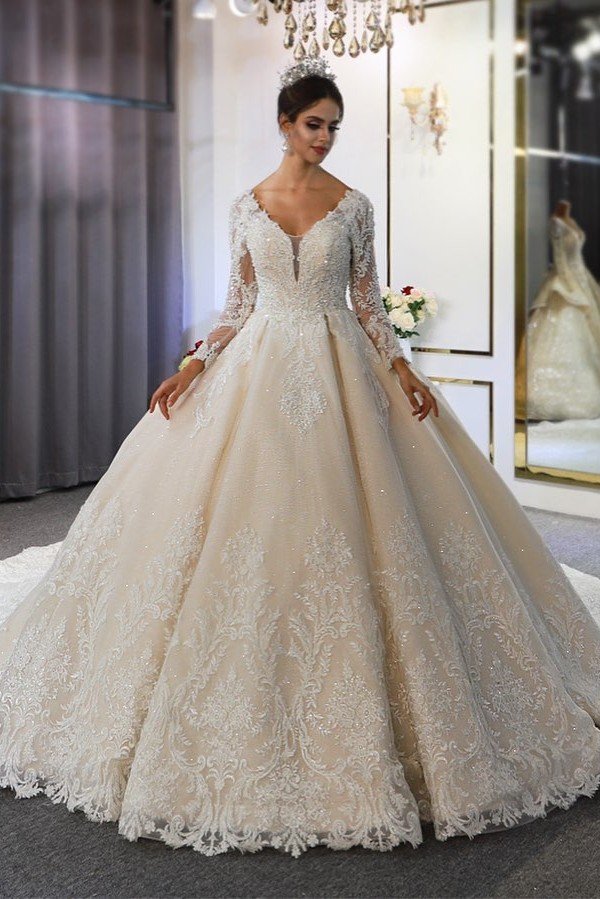 Long Sleeve Sweetheart Appliques Lace A-Line Ruffles Floor-length Wedding Dress - YESBABYONLINE