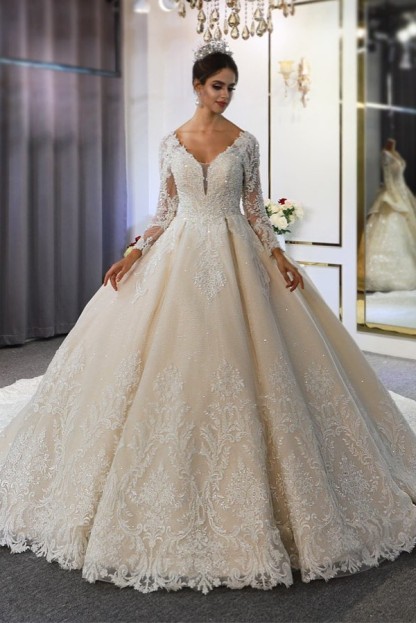 Long Sleeve Sweetheart Appliques Lace A-Line Ruffles Floor-length Wedding Dress - YESBABYONLINE