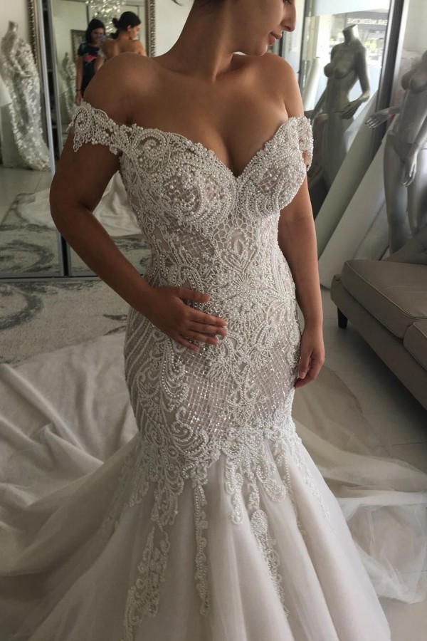 Glamorous Long Off the Shoulder Tulle Beaded Backless Mermaid Wedding Dresses - YESBABYONLINE