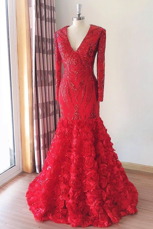 Elegant Red Long Mermaid V-neck Satin Prom Dress with 3D FLowers - YESBABYONLINE
