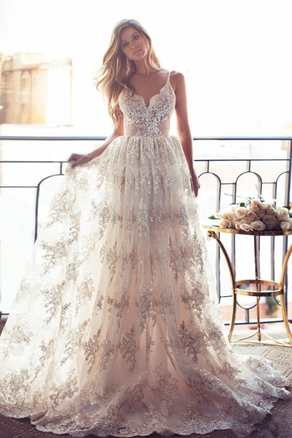 Glamorous Long Sweetheart Backless A-line Lace Backless Wedding Dresses - YESBABYONLINE