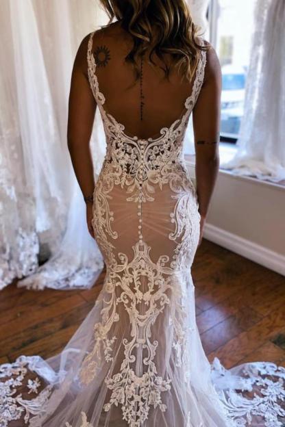Elegant Long V Neck Sleeveless Lace Mermaid Backless Wedding Dresses - YESBABYONLINE