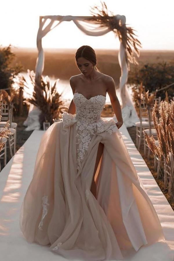 Fabulous Long A Line Strapless Lace Tulle Front Slit Wedding Dress with Appliques - YESBABYONLINE