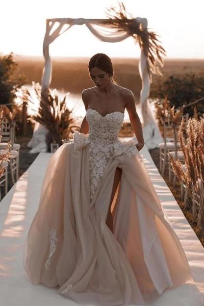 Fabulous Long A Line Strapless Lace Tulle Front Slit Wedding Dress with Appliques - YESBABYONLINE