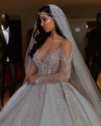 Luxury Long Sleeves Ball Gown Satin Beaded Floor Length Wedding Dresses - YESBABYONLINE
