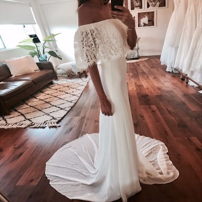 Chic Long A-line Off-the-Shoulder Chiffon Lace Wedding Dresses - YESBABYONLINE