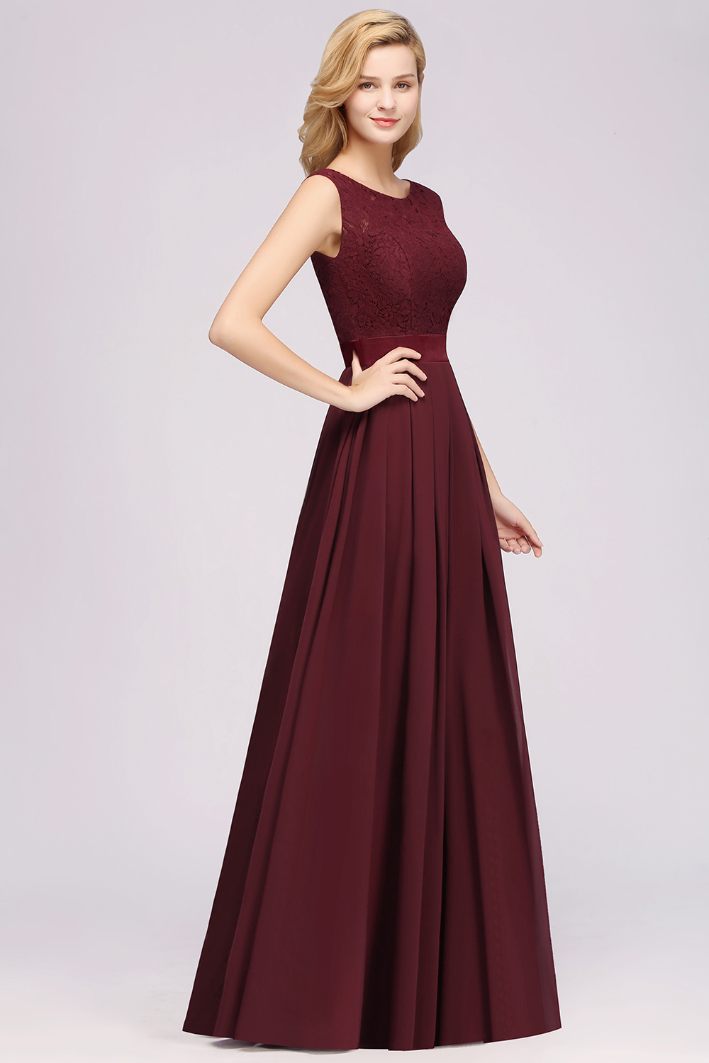 Simple Long A Line Scoop Sleeveless Lace Appliques Chiffon Bridesmaid Dresses - YESBABYONLINE