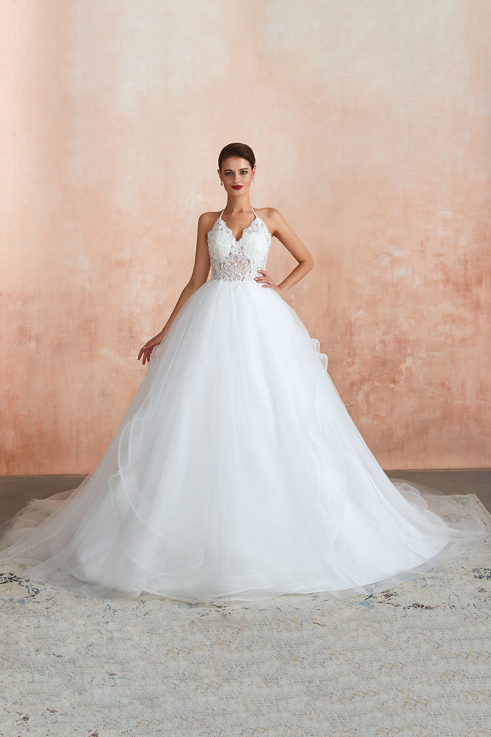 Long Ball Gown Halter Backless Tulle Lace Wedding Dresses - YESBABYONLINE