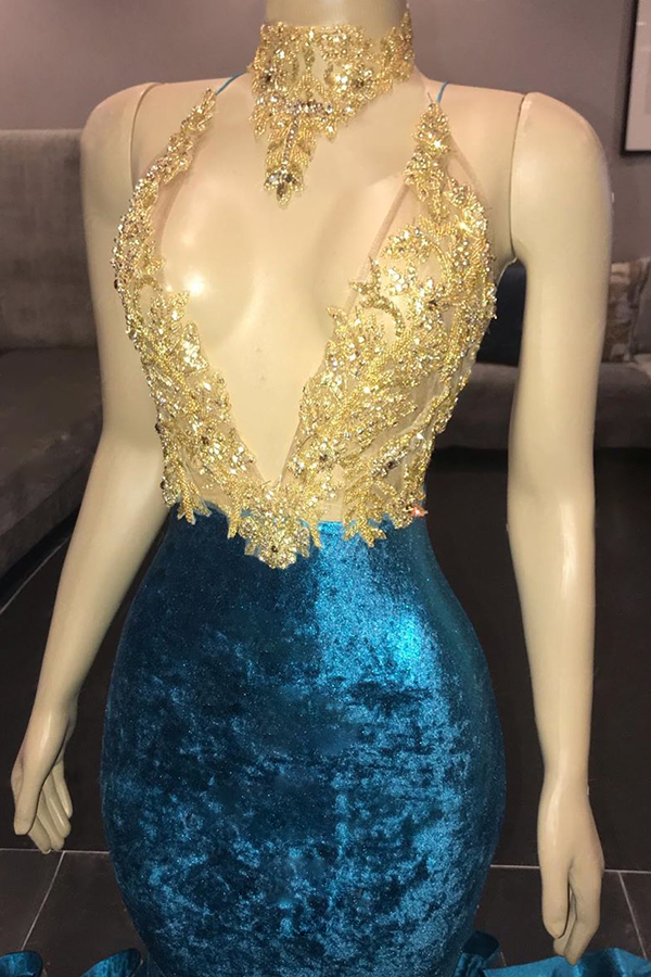Long Spaghetti Straps V-neck Appliques Lace Mermaid Velvet Prom Dresses - YESBABYONLINE