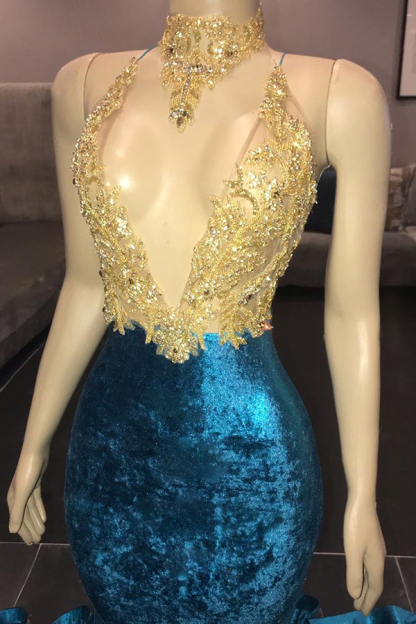 Long Spaghetti Straps V-neck Appliques Lace Mermaid Velvet Prom Dresses - YESBABYONLINE