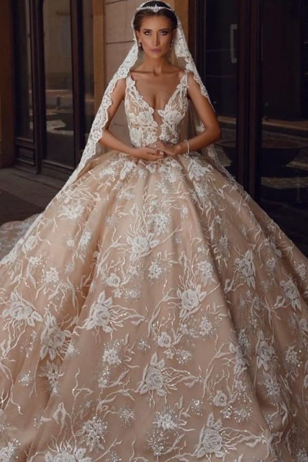 Long Ball Gown V Neck Floral Sleeveless Wedding Dresses With Lace Appliques - YESBABYONLINE