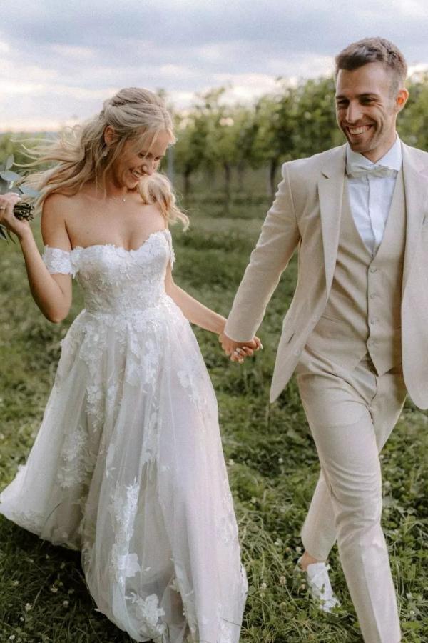 Elegant Long Off the Shoulder Satin Applique Lace Sleeveless A-Line Wedding Dresses - YESBABYONLINE