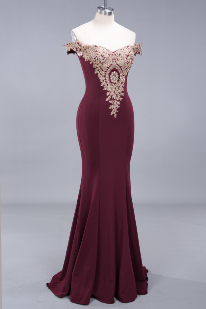 Charming Long Mermaid Off The Shoulder Floor-Length Appliques Lace Prom Dress - YESBABYONLINE