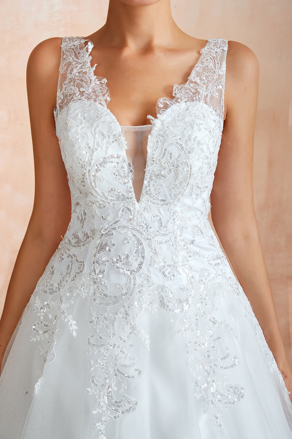 Long A-line V-neck Floor Length Lace Tulle Wedding Dresses - YESBABYONLINE