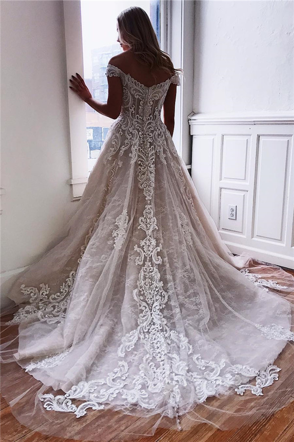 Long A-line Off-The-Shoulder Lace Appliques Wedding Dresses - YESBABYONLINE