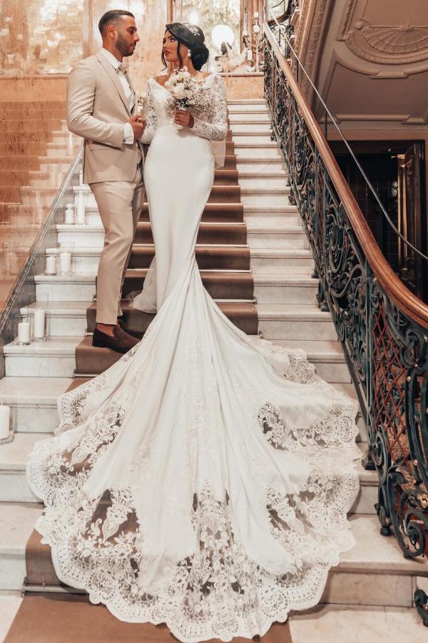 Exquisite Long Sleeves Mermaid V-neck Backless Wedding Dresses with Appliques Lace - YESBABYONLINE