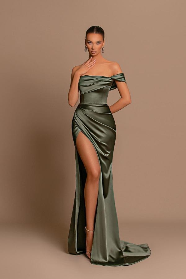 Long Mermaid Off the Shoulder Strapless Satin Prom Dress with Slit - YESBABYONLINE