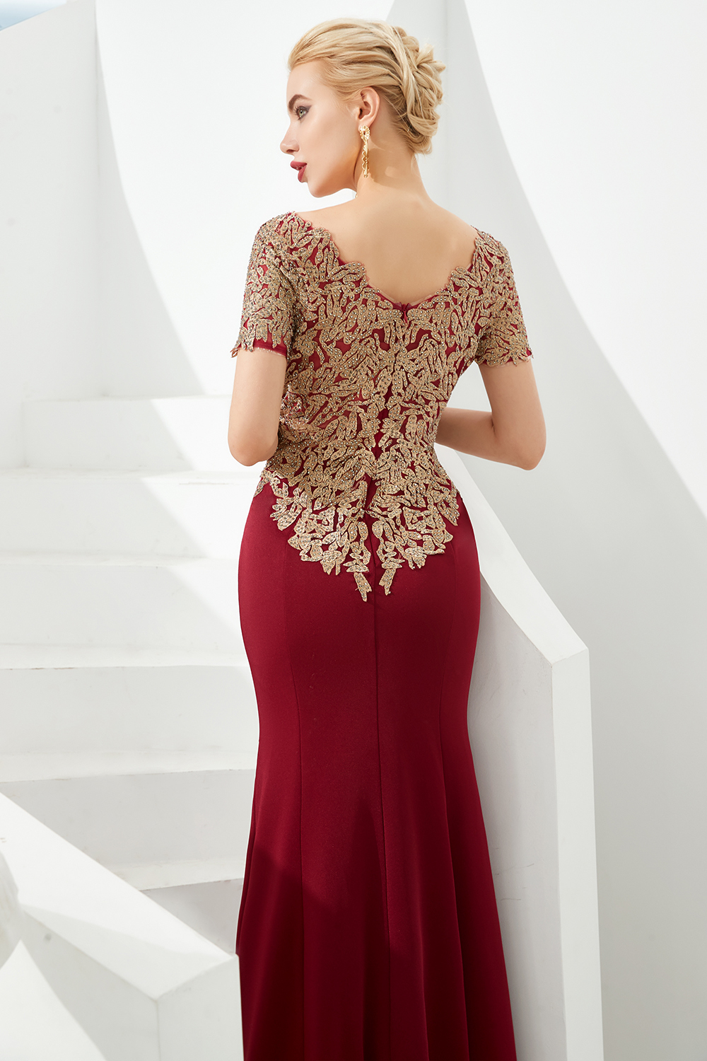 Long Mermaid Bateau Satin Applique Lace Evening Dresses with Short Sleeves - YESBABYONLINE