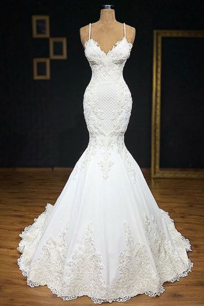 Elegant Long Sweetheart Spaghetti Straps Applique Lace Wedding Dress - YESBABYONLINE