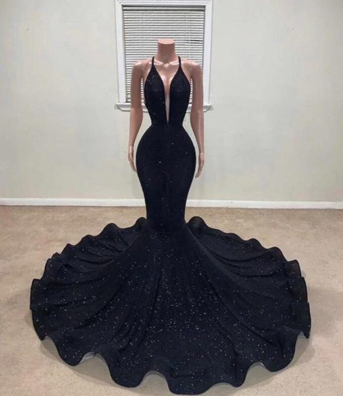 Long Black V-Neck Sleeveless Mermaid Sequined Prom Dresses - YESBABYONLINE